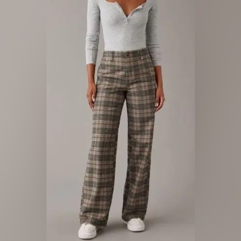 American Eagle Super High-Rise Wide-Leg Plaid Brown /Grey Trouser Pants NWT 10 - Picture 2 of 16